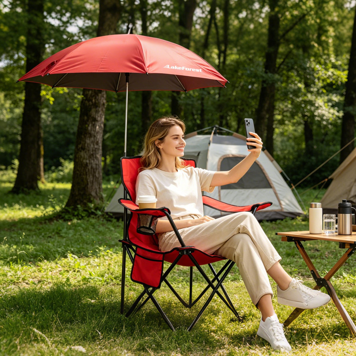 Foldable camping chair with detachable umbrella and cup holder – product photo 1