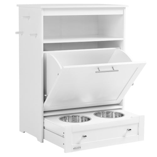 White pet feeder station cabinet open showing shelves and feeding drawer