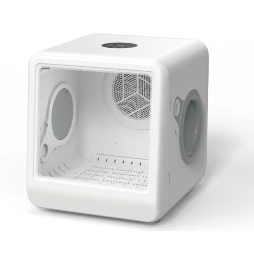 Interior view of pet hair drying box showing fan and vents