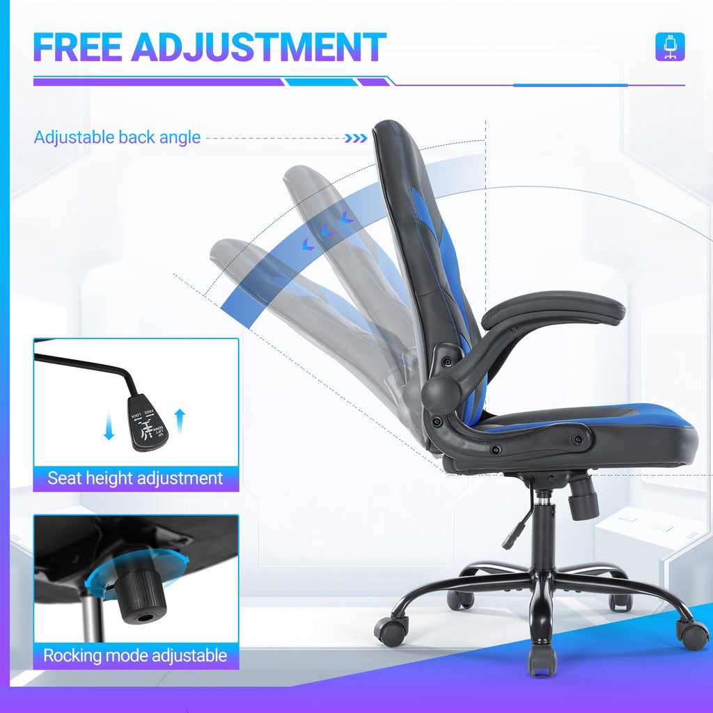 Blue gaming chair adjustable back angle seat height and rocking mode