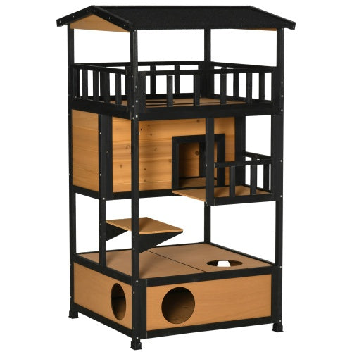 3-tier wooden outdoor cat house with balcony and asphalt roof