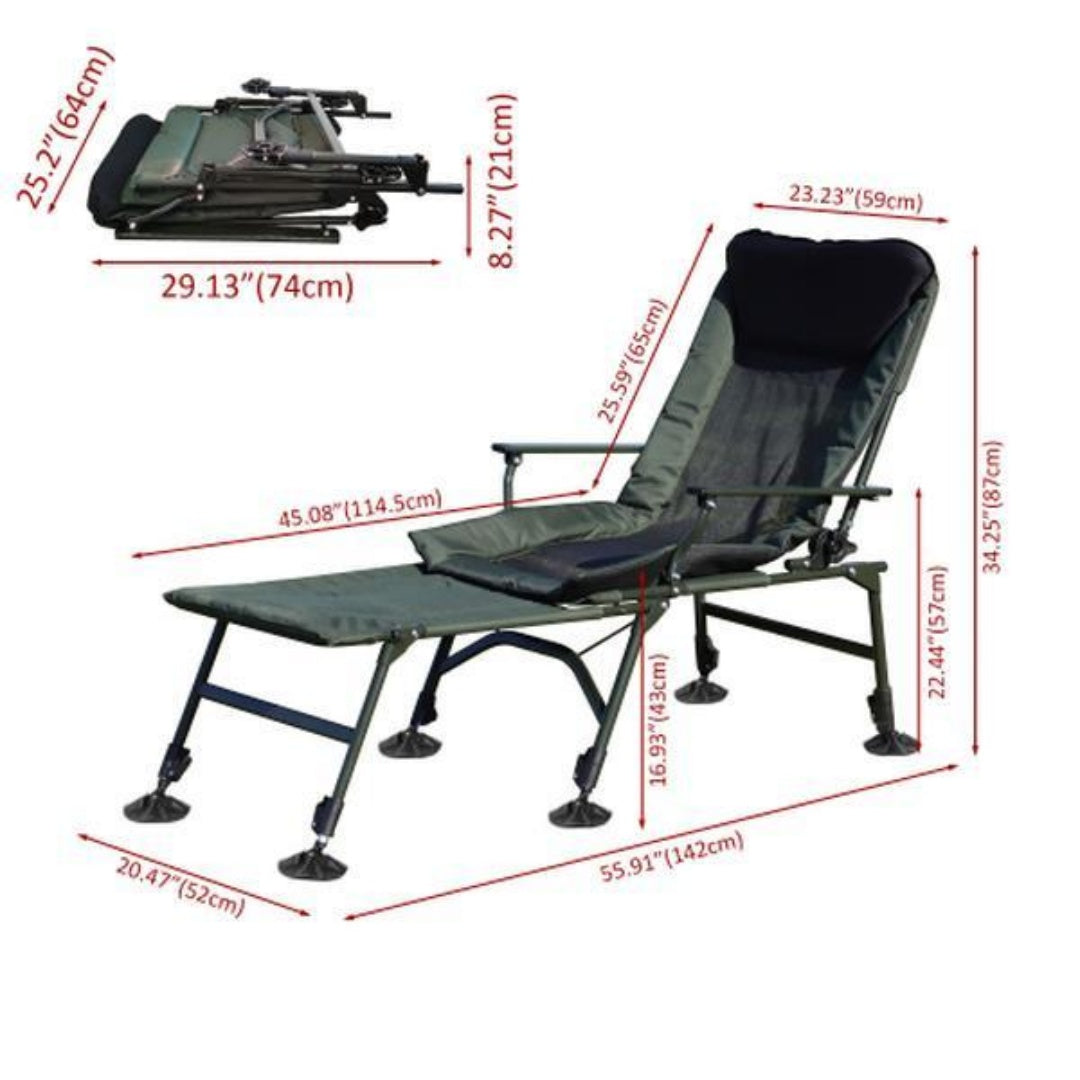 Camping recliner chair side view grey cushion by lake