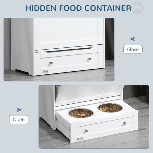 Pet feeder station hidden food bowl drawer open and closed views