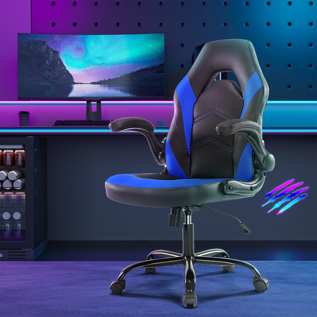 Blue and black PU leather ergonomic gaming chair with flip-up armrests