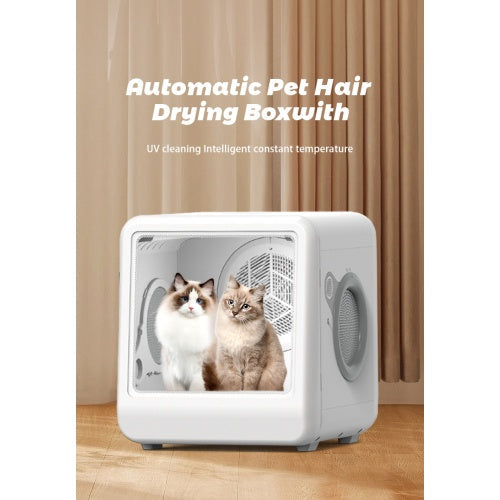 Automatic pet hair drying box with two cats inside, UV cleaning feature