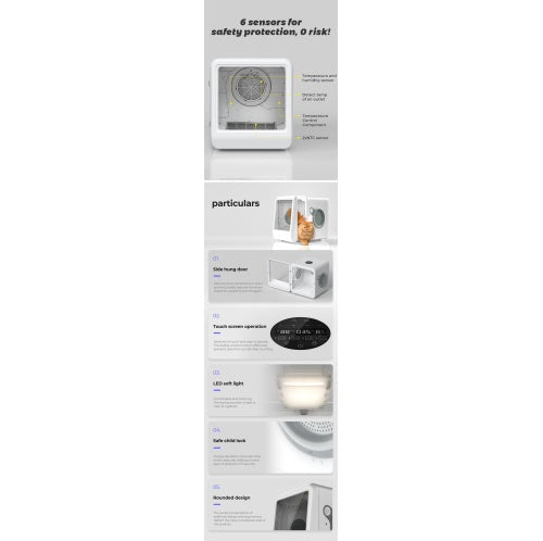 Pet dryer box safety sensors touch screen and side hung door features