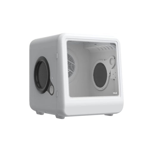 White pet hair dryer box side angle view with glass door