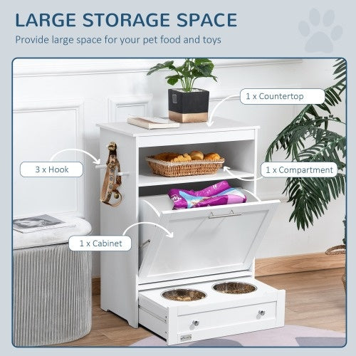 Pet feeder station large storage space countertop compartment cabinet and hooks
