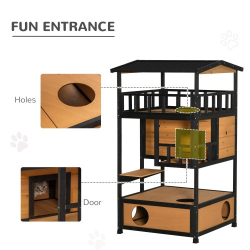 Cat house entry holes and escape door for easy cat access