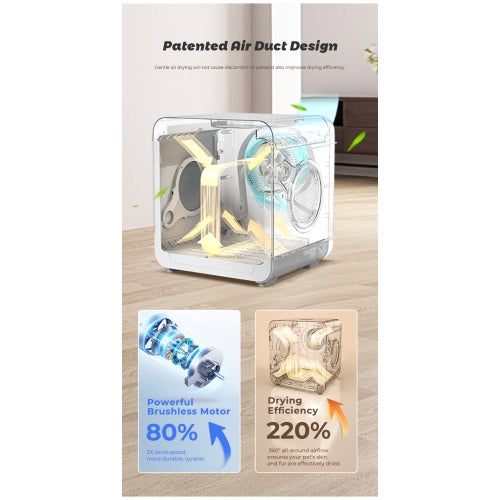 Patented air duct design with brushless motor for pet hair dryer box