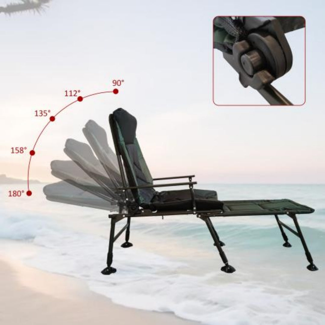 Camping recliner chair side view with grey padded cushion