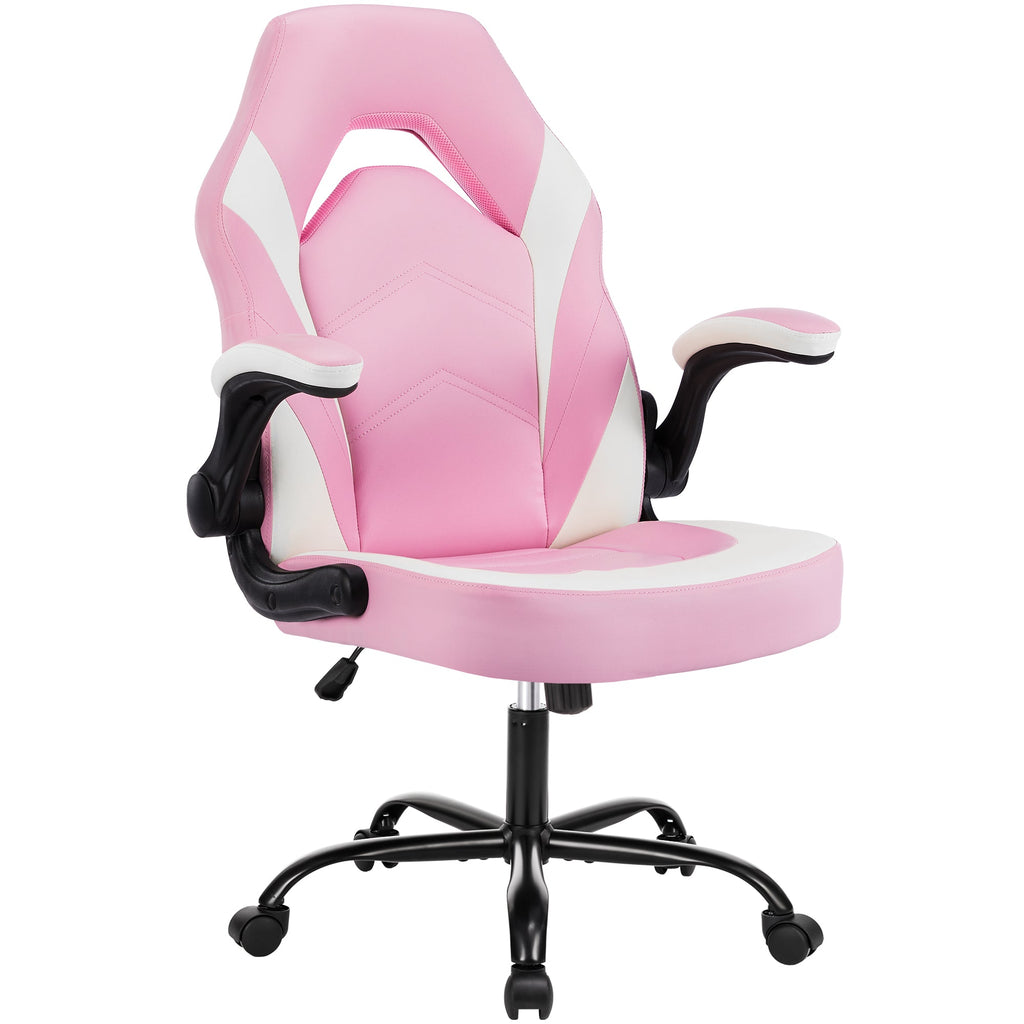 Pink and white ergonomic gaming office chair with lumbar support