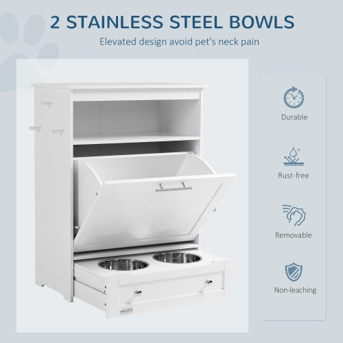 Two stainless steel elevated dog bowls in pet feeder station drawer